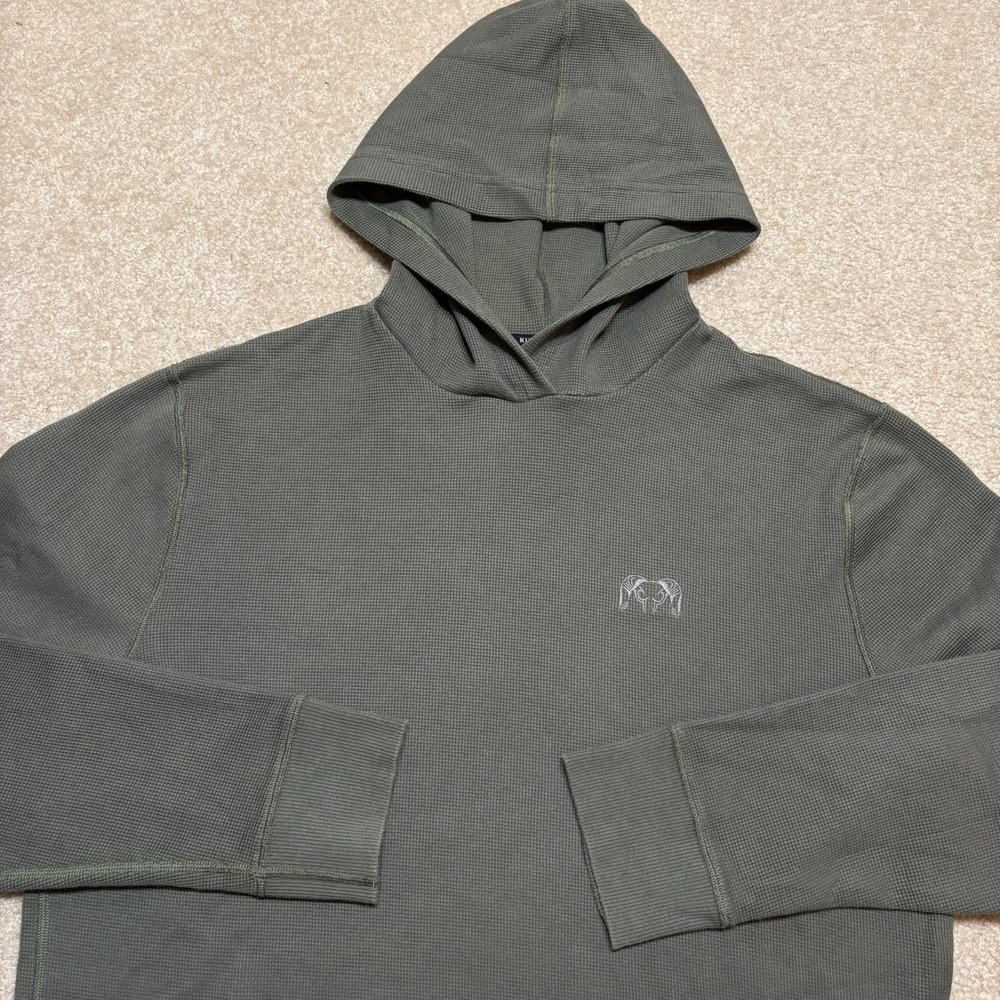 KUIU Base Camp Waffle Knit Hoodie Sweatshirt Mens Large Green Pullover Hunting